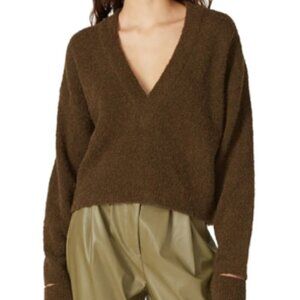 TIBI Army Green Alpaca Wool V-Neck Cropped Oversized Boxy Sweater XS